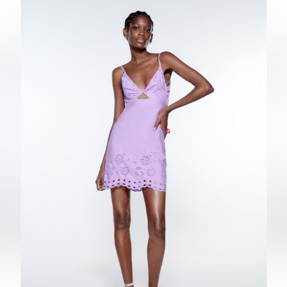 Zara Purple Eyelet Cutout Mini Dress L Open Back Halter Fairycore - Picture 1 of 7